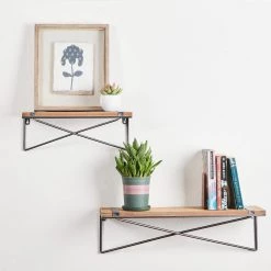 Hot Sale 🔥 Glitzhome® Metal & Wood Mounting Floating Wall Shelves, Set of 2 🥰 -Glitzhome Sales D081417S 2