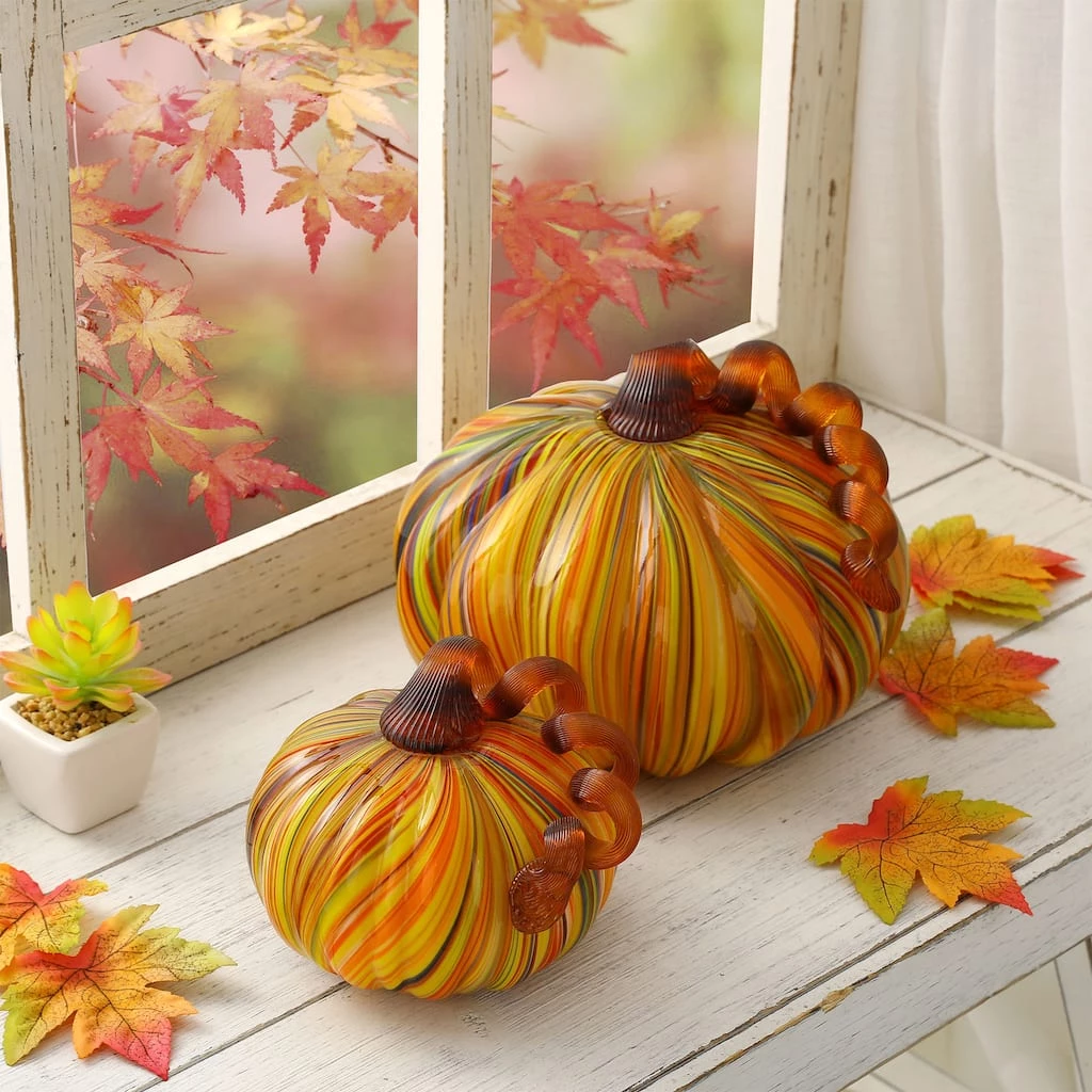 Buy π Glitzhome® Short Glass Pumpkin, Multicolor Stripes π 6 Buy π Glitzhome® Short Glass Pumpkin, Multicolor Stripes π - Image 4