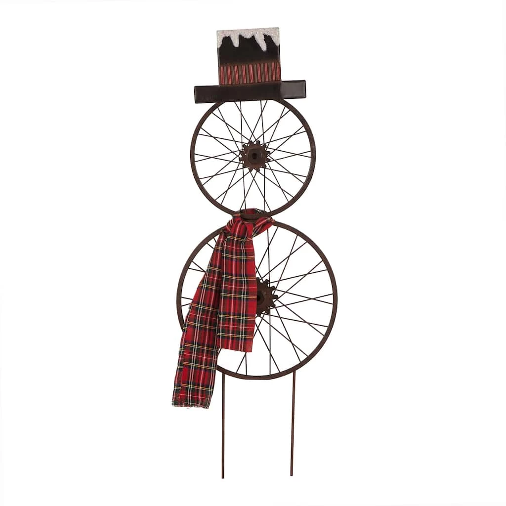 Brand new π Glitzhome® 36" Metal π Christmas Bike Wheel Snowman Plaid Scarf Yard Stake π₯ 3 Brand new π Glitzhome® 36" Metal π Christmas Bike Wheel Snowman Plaid Scarf Yard Stake π₯