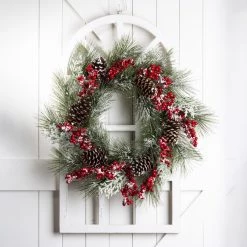 Outlet 😍 Glitzhome® Wooden Window Frame with Flocked Pinecone & Berry Wreath ✨ -Glitzhome Sales D231796S 3