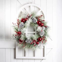 Cheapest ⭐ Glitzhome® Wooden Window Frame with Flocked Pinecone & Ornament Wreath 🤩 -Glitzhome Sales D231798S 2