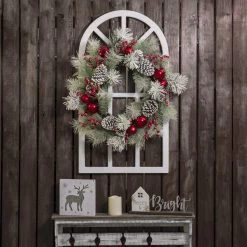 Cheapest ⭐ Glitzhome® Wooden Window Frame with Flocked Pinecone & Ornament Wreath 🤩 -Glitzhome Sales D231798S 3