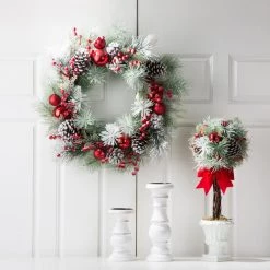 Hot Sale ❤️ Glitzhome® 24" Flocked Pinecone & Red Ornament Wreath ⌛ -Glitzhome Sales D231800S 2