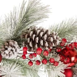 Hot Sale ❤️ Glitzhome® 24" Flocked Pinecone & Red Ornament Wreath ⌛ -Glitzhome Sales D231800S 4