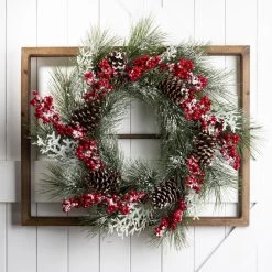 Best reviews of 👏 Glitzhome® Natural Wooden Window Frame with Flocked Pinecone & Berry Wreath 👏 -Glitzhome Sales D231804S 2
