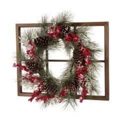 Best reviews of 👏 Glitzhome® Natural Wooden Window Frame with Flocked Pinecone & Berry Wreath 👏 -Glitzhome Sales D231804S 3
