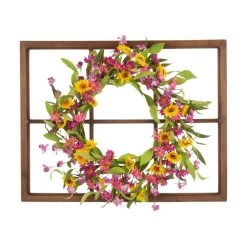 Deals 👍 Glitzhome® 22" Wooden Window Frame with Chrysanthemum Wreath ⌛