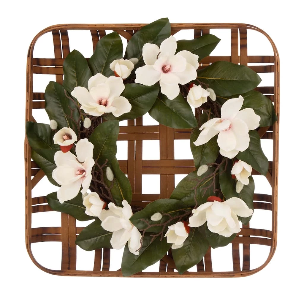 Promo π Glitzhome® 24" Magnolia Wreath on Bamboo Tobacco Basket β 3 Promo π Glitzhome® 24" Magnolia Wreath on Bamboo Tobacco Basket β