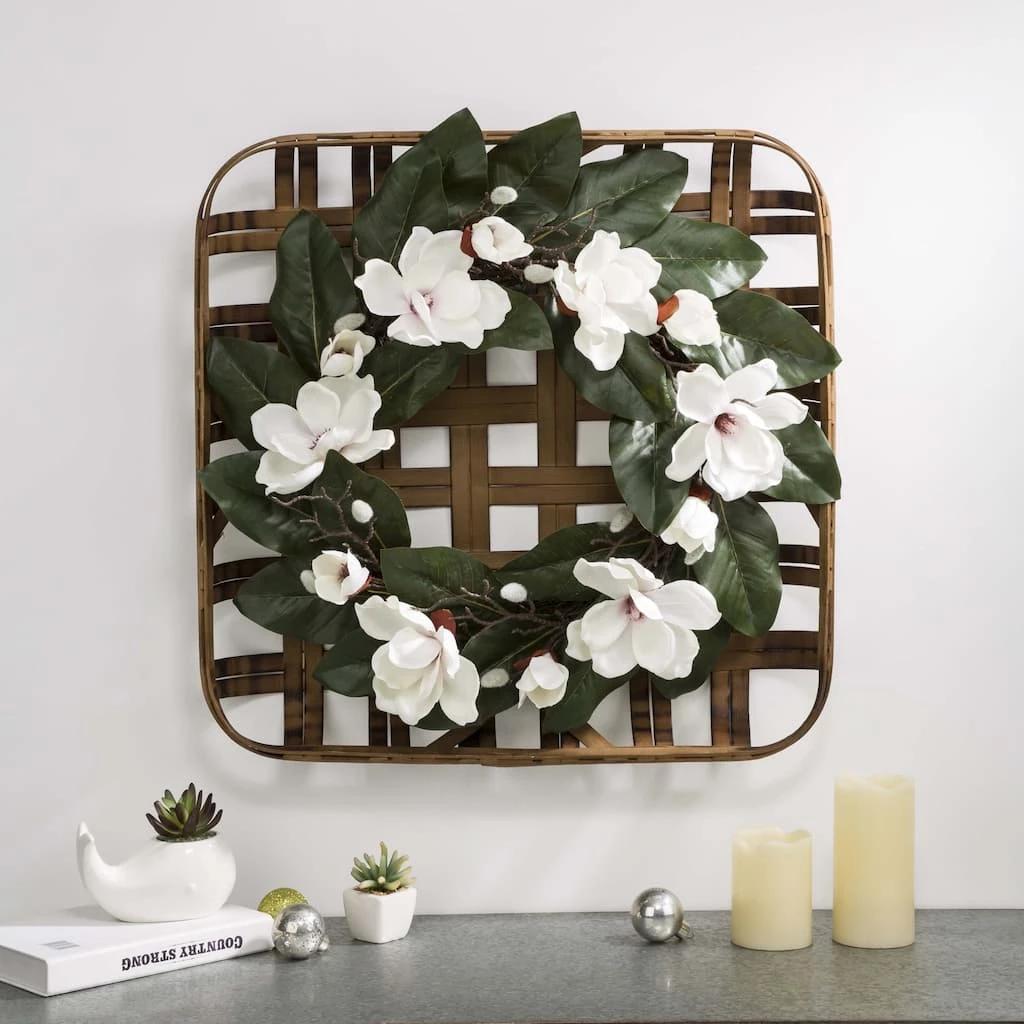 Promo π Glitzhome® 24" Magnolia Wreath on Bamboo Tobacco Basket β 4 Promo π Glitzhome® 24" Magnolia Wreath on Bamboo Tobacco Basket β - Image 2