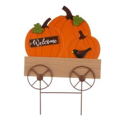 Buy 🥰 26" GlitzHome® Wooden Pumpkin Cart Yard Stake ✔️