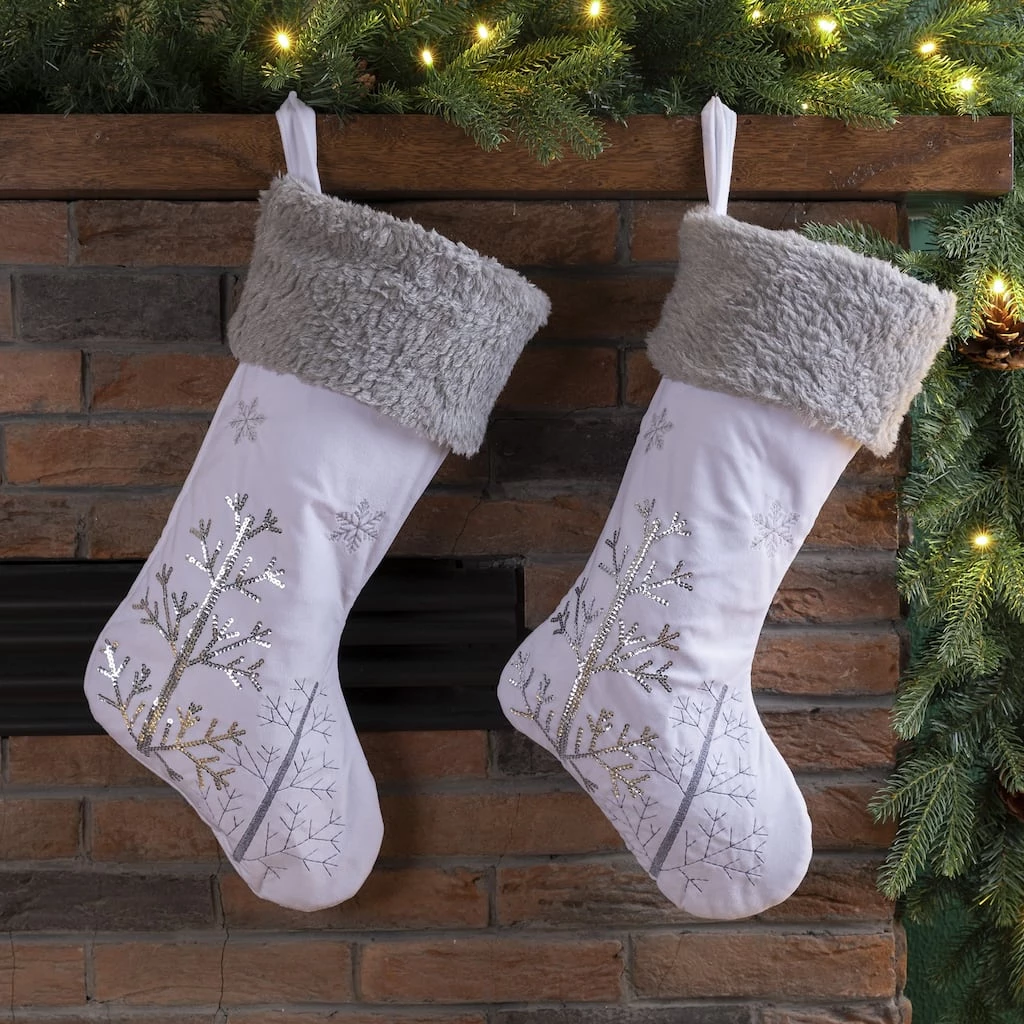 Wholesale π Glitzhome® 21" White Fleece with π Christmas Tree & Snowflake Stocking, 2ct. π 4 Wholesale π Glitzhome® 21" White Fleece with π Christmas Tree & Snowflake Stocking, 2ct. π - Image 2