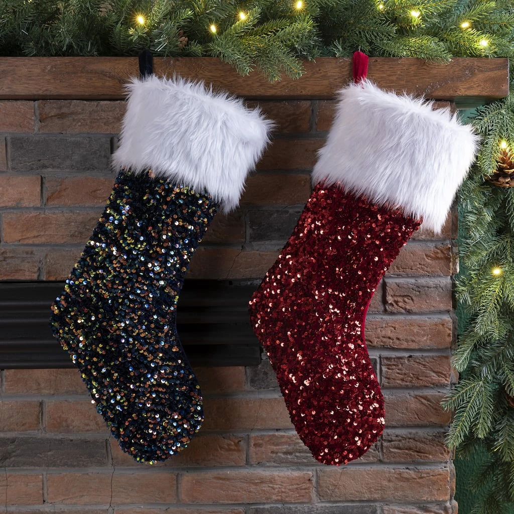 New ✨ Glitzhome® Red & Navy Blue Sequin ❄ Christmas Stocking ✨ 4 New ✨ Glitzhome® Red & Navy Blue Sequin ❄ Christmas Stocking ✨ - Image 2