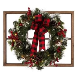 Coupon 😉 Glitzhome® 24" Brown Wooden Window Frame with Pre-Lit LED Flocked Pinecone & Ornament Wreath 🔥