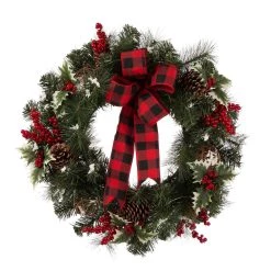 Best Sale π Glitzhome 24" Pre-Lit Buffalo Check Bow, Berry, Holly & Pinecone LED Wreath π₯