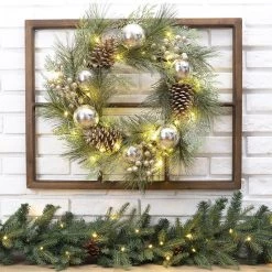 Brand new 🌟 Glitzhome® Brown Wooden Window Frame with Pre-Lit LED Pinecone & Ornament Wreath 🔔 -Glitzhome Sales D253610S 2