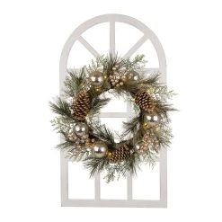 Budget ✨ Glitzhome® White Wooden Window Frame with Pre-Lit Pinecone & Ornament LED Wreath 🤩