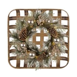 Cheapest π― Glitzhome® 24" Tobacco Basket with Pre-Lit LED Pinecone & Silver Ornament Wreath β€οΈ