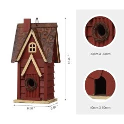 Best Sale 🎉 Glitzhome® 12" Hanging Distressed Red Cottage Solid Wood Birdhouse 🤩 -Glitzhome Sales D266634S 5