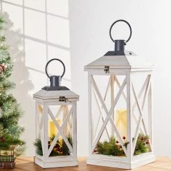 Deals 😍 Modern Farmhouse White Wooden Lantern Set, 24" & 17" by Glitzhome 🔔 -Glitzhome Sales D299641S 3