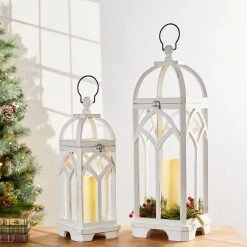 Budget ⌛ Glitzhome® Wash White Farmhouse Wooden Church Window Frame Lanterns, 2ct. 👍 -Glitzhome Sales D299685S 3