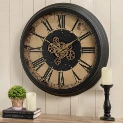 New 🎉 Glitzhome® 27.5" Brown Oversized Vintage Round Gear Clock With Tempered Glass 👍 -Glitzhome Sales D299722S 2