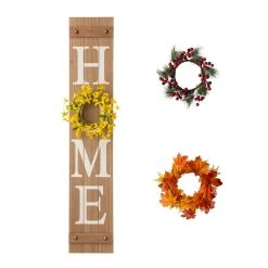 Hot Sale 😀 Glitzhome 42"H Wooden Brown "HOME" Porch Sign with 3 Changable Wreaths ✔️
