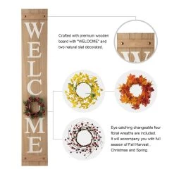 Discount 🛒 Glitzhome 60"H Wooden Brown "WELCOME" Porch Sign with 4 Changable Wreaths 🤩 -Glitzhome Sales D303638S 4
