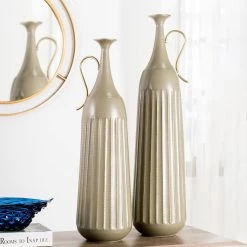 New 👏 Glitzhome® Wavy Striped Metal Boho Vase with Handles Set 💯 -Glitzhome Sales D368452S 3
