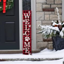 Coupon 🥰 Glitzhome® 42" Plaid Pet "WELCOME" Wooden Porch Sign 🤩 -Glitzhome Sales D479477S 3