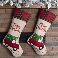 Budget 😀 Glitzhome® 21" Red Truck Embroidered Linen Stocking, Set Of 2 🔥 -Glitzhome Sales D479588S 3