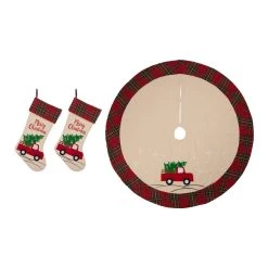 Promo π Glitzhome® Embroidered Red Truck Linen Stockings & Tree π Skirt Set π