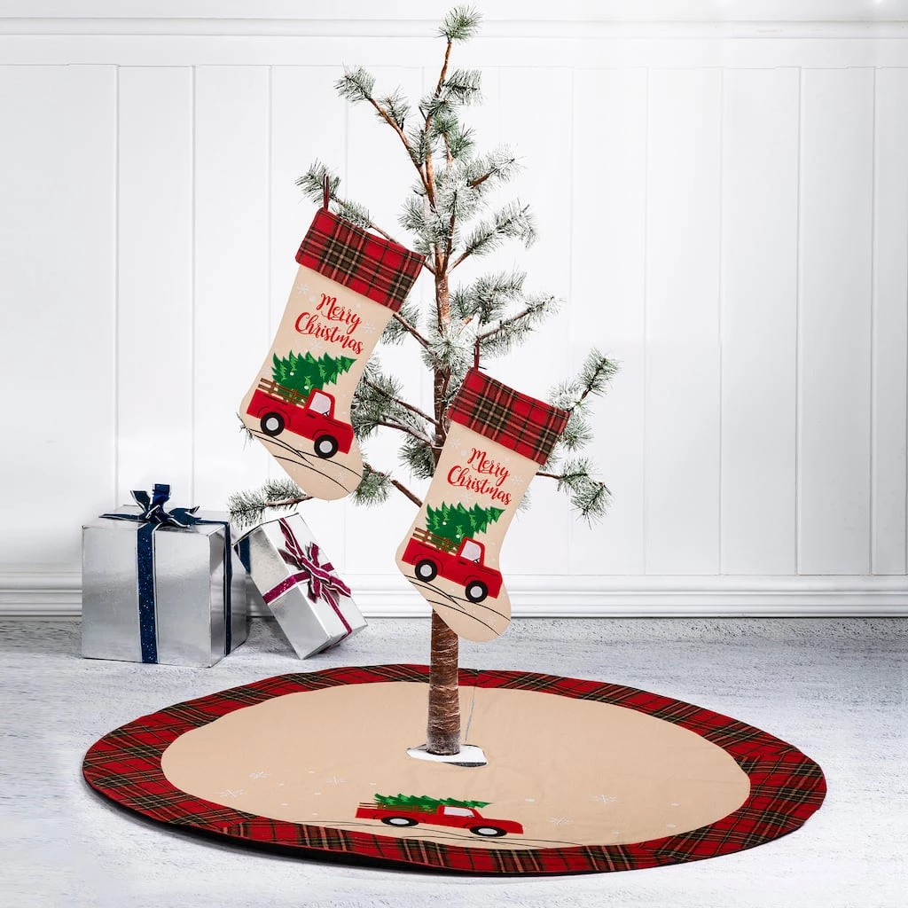 Promo π Glitzhome® Embroidered Red Truck Linen Stockings & Tree π Skirt Set π 4 Promo π Glitzhome® Embroidered Red Truck Linen Stockings & Tree π Skirt Set π - Image 2