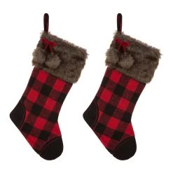 Wholesale 🛒 Glitzhome® 21" Black And Red Buffalo Plaid Pompom Stocking, Set Of 2 😀