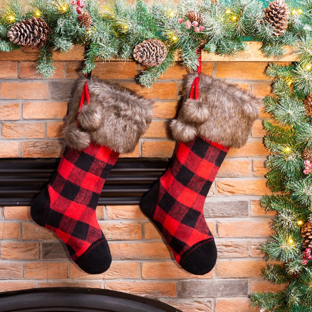 Wholesale π Glitzhome® 21" Black And Red Buffalo Plaid Pompom Stocking, Set Of 2 π 4 Wholesale π Glitzhome® 21" Black And Red Buffalo Plaid Pompom Stocking, Set Of 2 π - Image 2