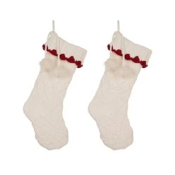 New ⭐ Glitzhome® 22" White Knitted Polyester 🔔 Christmas Stocking with Red Trim & Pom Pom, 2ct. 🎁
