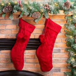 Deals 🧨 Glitzhome® 24" Red Knitted Polyester 🎁 Christmas Stocking with Pom Pom, 2ct. ⭐ -Glitzhome Sales D479605S 2