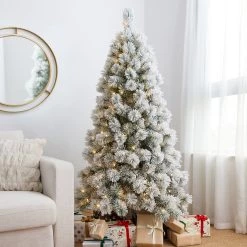 Buy 💯 6ft. Pre-Lit Flocked Pine Artificial 🎄 Christmas Tree, Warm White LED Lights by Glitzhome 🛒 -Glitzhome Sales D494325S 3
