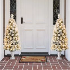 Deals ✨ 5ft. Pre-Lit Flocked Pine Artificial ❄ Christmas Tree in Planter Set, Warm White LED Lights by Glitzhome ❤️ -Glitzhome Sales D494340S 2