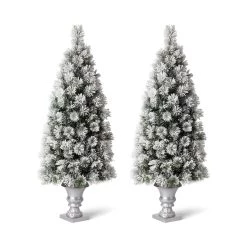 Deals ✨ 5ft. Pre-Lit Flocked Pine Artificial ❄ Christmas Tree in Planter Set, Warm White LED Lights by Glitzhome ❤️ -Glitzhome Sales D494340S 5