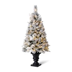 Best Sale 🔔 4ft. Pre-Lit Flocked Pine Artificial 🎁 Christmas Tree in Planter, Warm White LED Lights by Glitzhome ✨