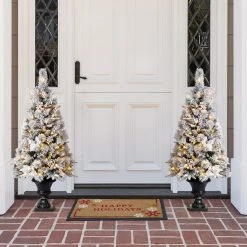 Best Sale 🔔 4ft. Pre-Lit Flocked Pine Artificial 🎁 Christmas Tree in Planter, Warm White LED Lights by Glitzhome ✨ -Glitzhome Sales D494341S 4