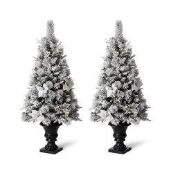Budget 🧨 4ft. Pre-Lit Flocked Pine Artificial 🔔 Christmas Tree in Planter Set, Warm White LED Lights by Glitzhome 🧨 -Glitzhome Sales D494342S 4