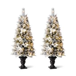 Wholesale 🔔 5ft. Pre-Lit Flocked Pine Artificial 🎅 Christmas Tree in Planter Set, Warm White LED Lights by Glitzhome ✨
