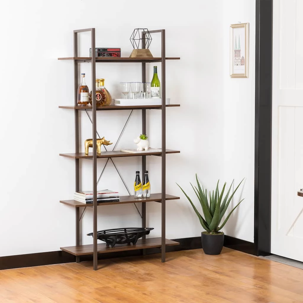 Hot Sale 🤩 Glitzhome® 6ft. Walnut Modern Industry 5-Tier Bookcase 🤩 4 Hot Sale 🤩 Glitzhome® 6ft. Walnut Modern Industry 5-Tier Bookcase 🤩 - Image 2