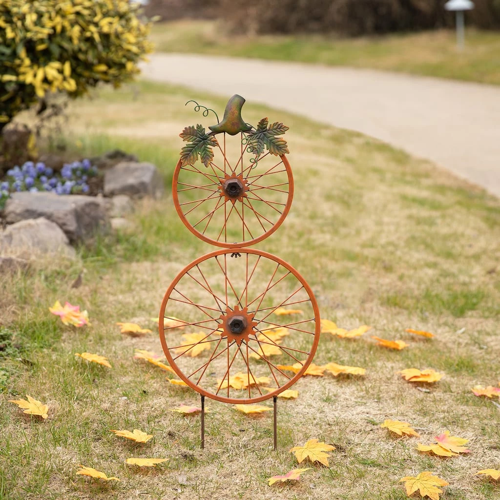 Wholesale β Glitzhome® 33.75" Fall Metal Bicycle Wheel Pumpkin Yard Stake π 4 Wholesale β Glitzhome® 33.75" Fall Metal Bicycle Wheel Pumpkin Yard Stake π - Image 2