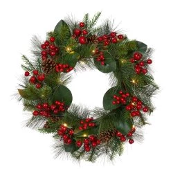 Buy ✨ Glitzhome® 24" Pre-Lit Berry, Magnolia Leaf & Pinecone Wreath 👏