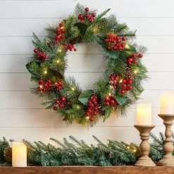 Buy ✨ Glitzhome® 24" Pre-Lit Berry, Magnolia Leaf & Pinecone Wreath 👏 -Glitzhome Sales D652251S 2