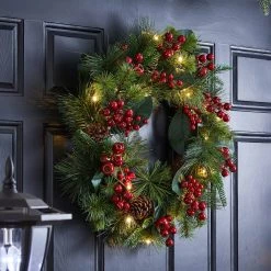 Buy ✨ Glitzhome® 24" Pre-Lit Berry, Magnolia Leaf & Pinecone Wreath 👏 -Glitzhome Sales D652251S 4
