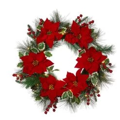 Wholesale ✔️ Glitzhome® 24" Pre-Lit Poinsettia & Pinecone Wreath 🥰