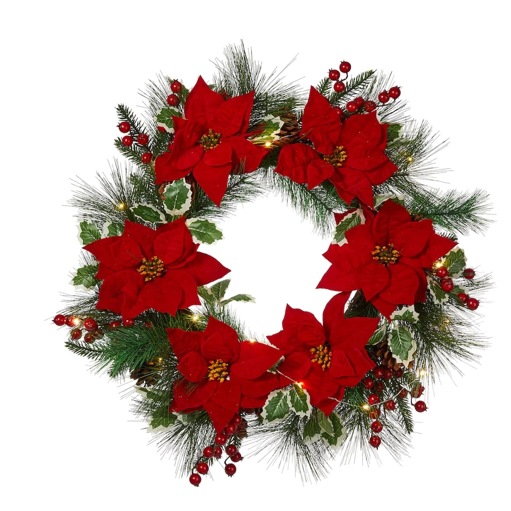 Wholesale ✔️ Glitzhome® 24" Pre-Lit Poinsettia & Pinecone Wreath 🥰 3 Wholesale ✔️ Glitzhome® 24" Pre-Lit Poinsettia & Pinecone Wreath 🥰